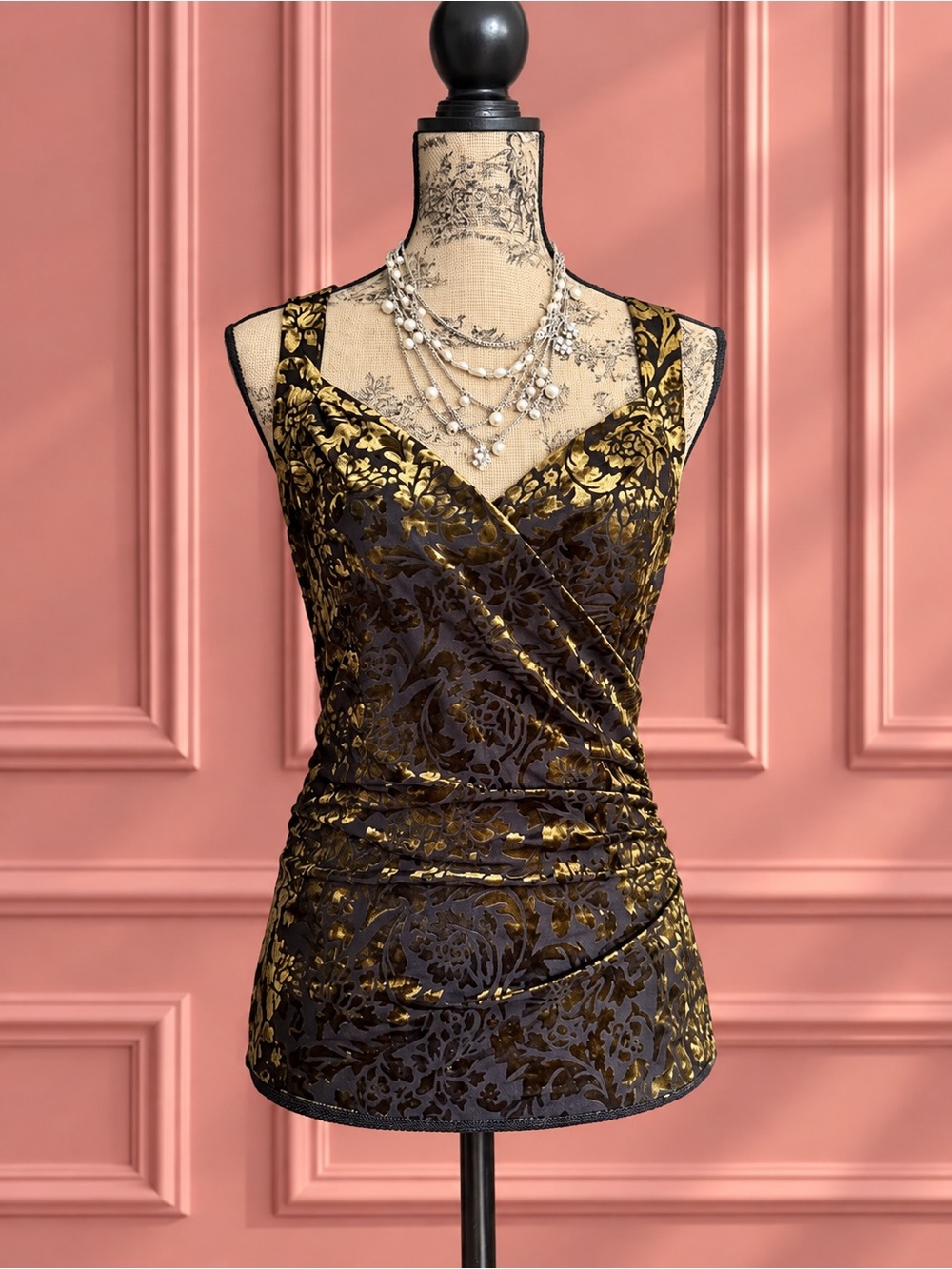 Y2K Le Château Sleeveless Velvet Burnout Floral Wrap Tank Top in Black & Green